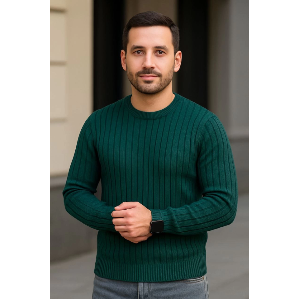 Erkek Bisiklet Yuvarlak Yaka Triko Kazak Pamuklu Kalın Fitilli Dokuma, Regular Fit Uzun Kollu Kışlık Model - Haki