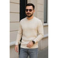 Erkek Bisiklet Yuvarlak Yaka Triko Kazak Pamuklu Kalın Fitilli Dokuma, Regular Fit Uzun Kollu Kışlık Model - Bej