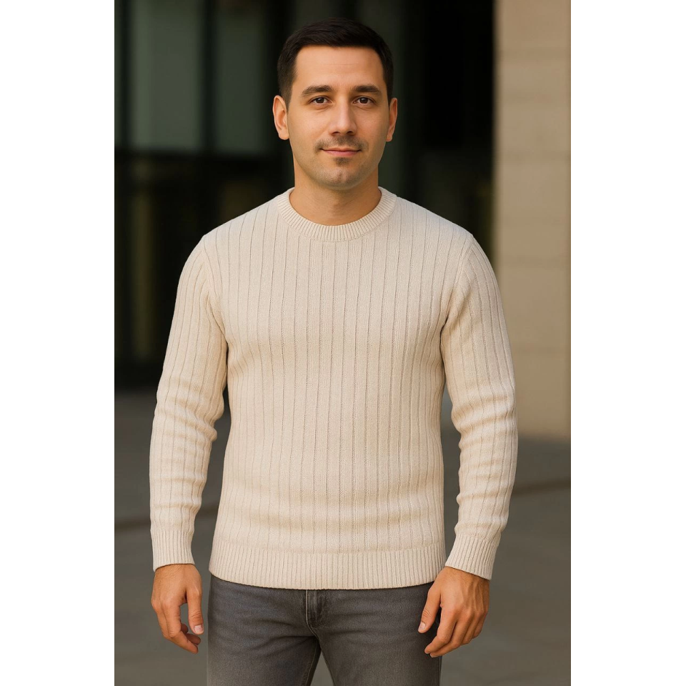 Erkek Bisiklet Yuvarlak Yaka Triko Kazak Pamuklu Kalın Fitilli Dokuma, Regular Fit Uzun Kollu Kışlık Model - Bej