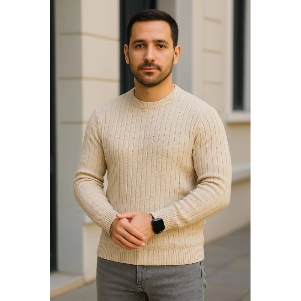 Erkek Bisiklet Yuvarlak Yaka Triko Kazak Pamuklu Kalın Fitilli Dokuma, Regular Fit Uzun Kollu Kışlık Model - Bej