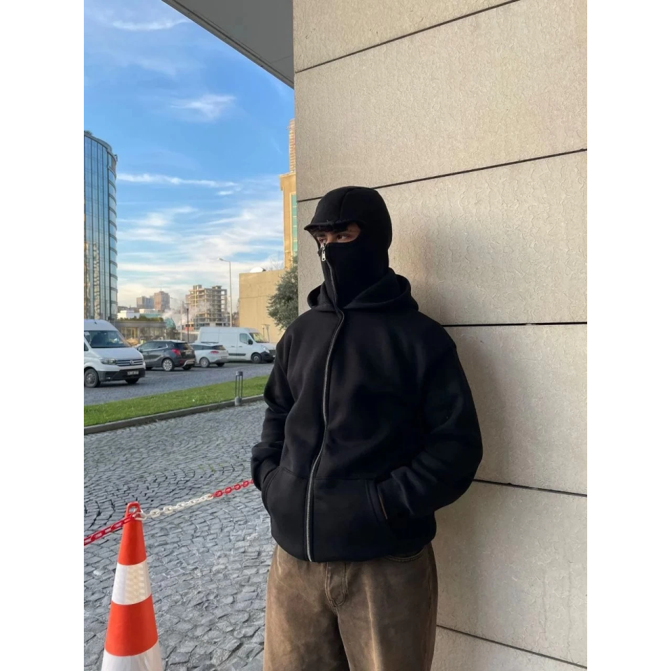 Samuray Ninja Çift Kapşonlu ZIP Fermuarlı Kanguru Çepli Tam Fermuarlı Hoodie Swetshirt - Siyah