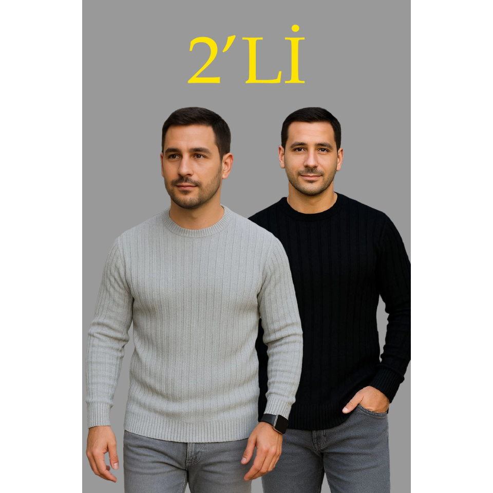 Erkek Fitilli Triko Kazak 2’li Set – Siyah - Gri, Kalın Dokuma Pamuklu Regular Fit Bisiklet Yaka Uzun Kollu Rahat Kışlık Kazak Kombini