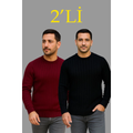 Erkek Fitilli Triko Kazak 2’li Set – Siyah - Bordo, Kalın Dokuma Pamuklu Regular Fit Bisiklet Yaka Uzun Kollu Rahat Kışlık Kazak Kombini