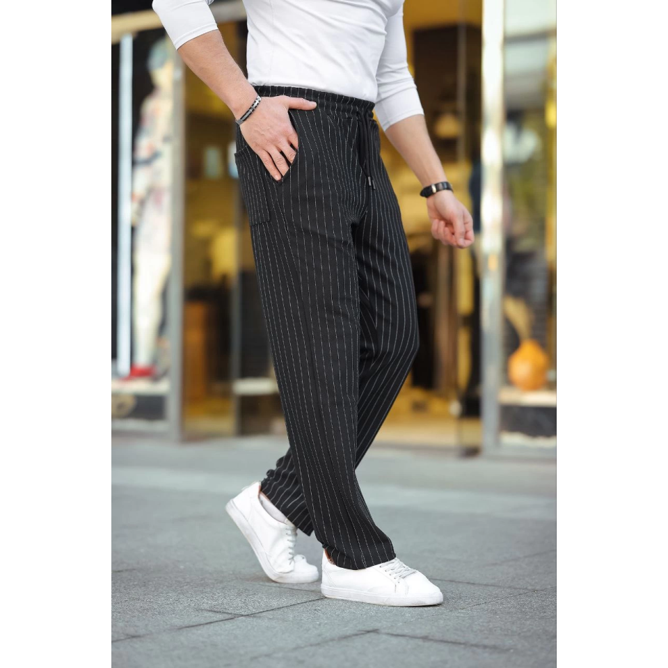 Erkek Cizgili Dokuma Krep Jogger Buggy Pantalon Rahat Kalıp - Siyah
