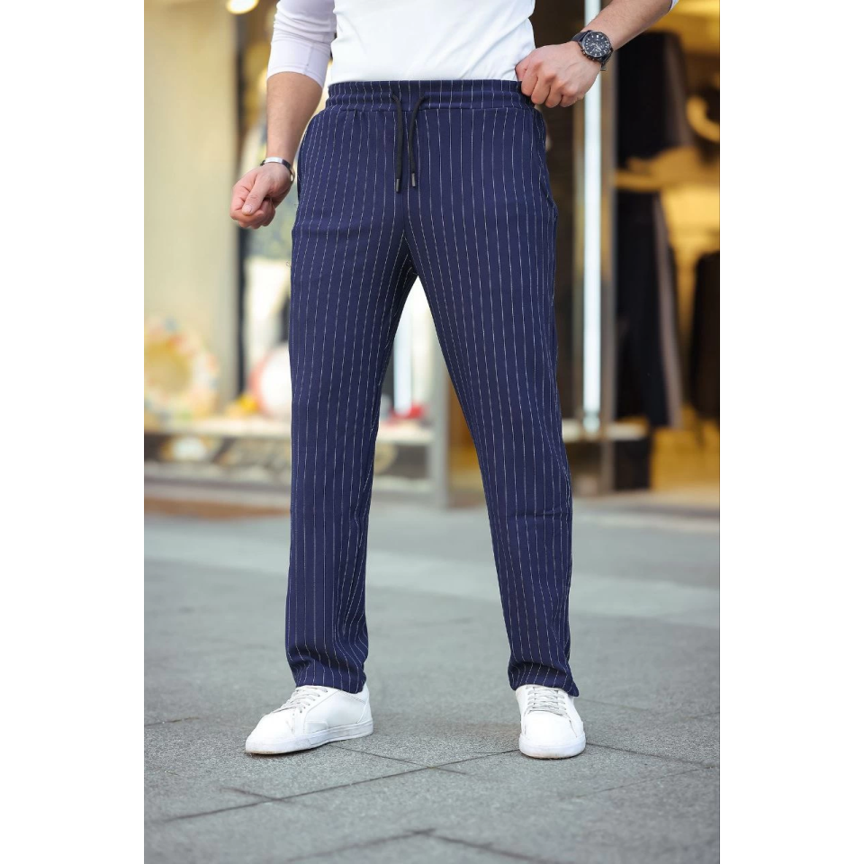 Erkek Cizgili Dokuma Krep Jogger Buggy Pantalon Rahat Kalıp - Lacivert