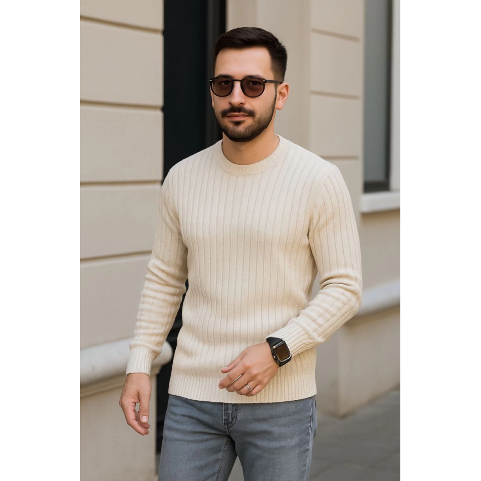 Erkek Fitilli Triko Kazak 3’lü Set – Bej, Bebek Mavisi, SiyahKalın Dokuma Pamuklu Regular Fit Bisiklet Yaka Uzun Kollu Kışlık Ve Baharlık Rahat Triko Kombini