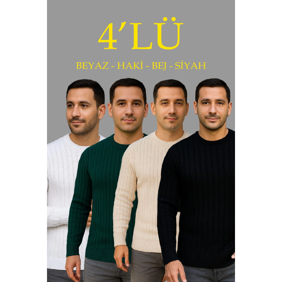 Erkek Fitilli Triko Kazak 4’lü Set – Beyaz, Haki, Bej, SiyahKalın Dokuma Pamuklu Regular Fit Bisiklet Yaka Uzun Kollu Kışlık Ve Baharlık Rahat Triko Kombini