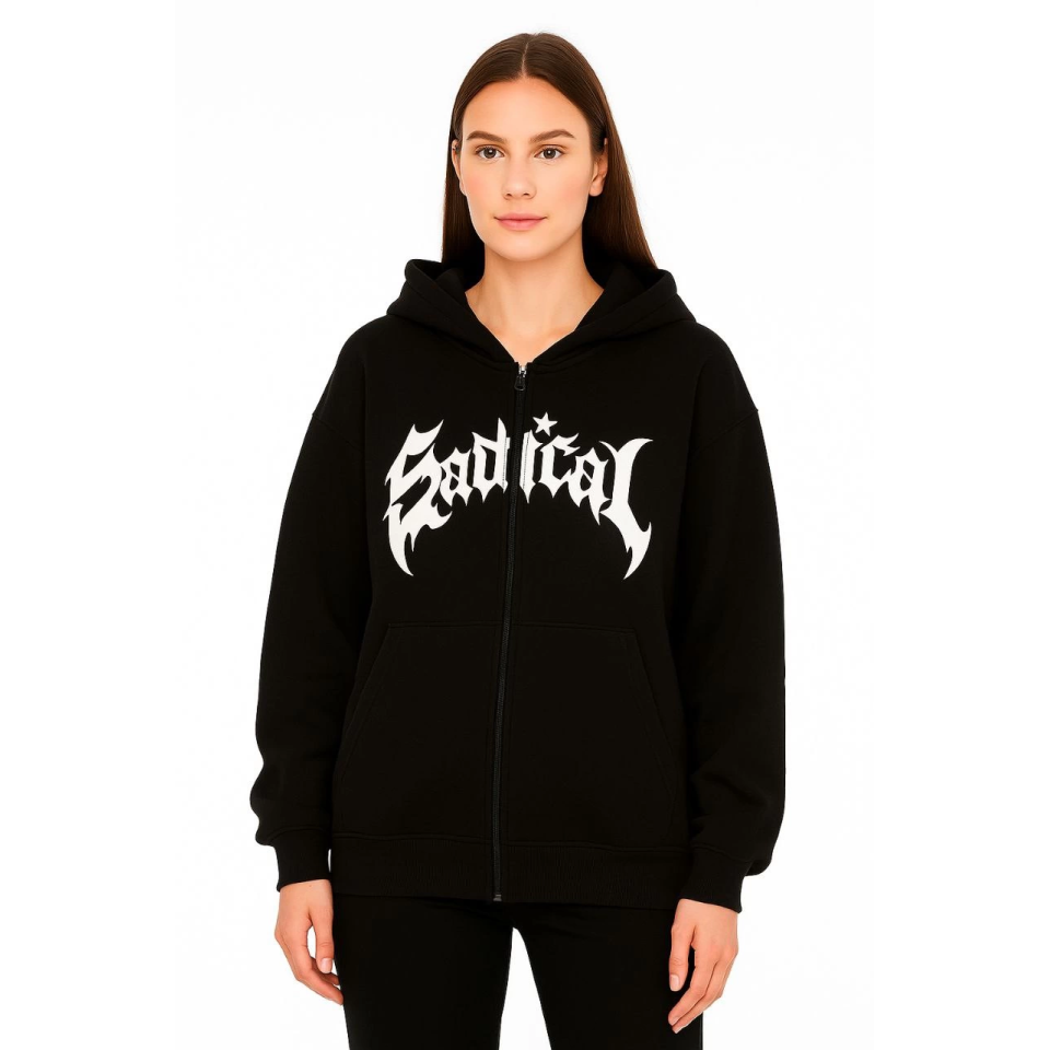 Oversize Kapüşonlu Sweatshirt  Hoodie 3 İplik Şardonlu Pamuklu Kumaş, Önü Baskılı, Fermuarlı Rahat Kalıp, Kışlık Ve Sokak Stili Sweat - Siyah