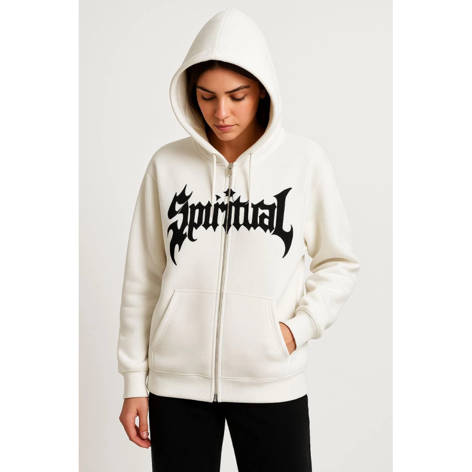 Oversize Kapüşonlu Sweatshirt Hoodie 3 İplik Şardonlu Pamuklu Kumaş, Önü Baskılı, Fermuarlı Rahat Kalıp, Kışlık Ve Sokak Stili Sweat - Beyaz