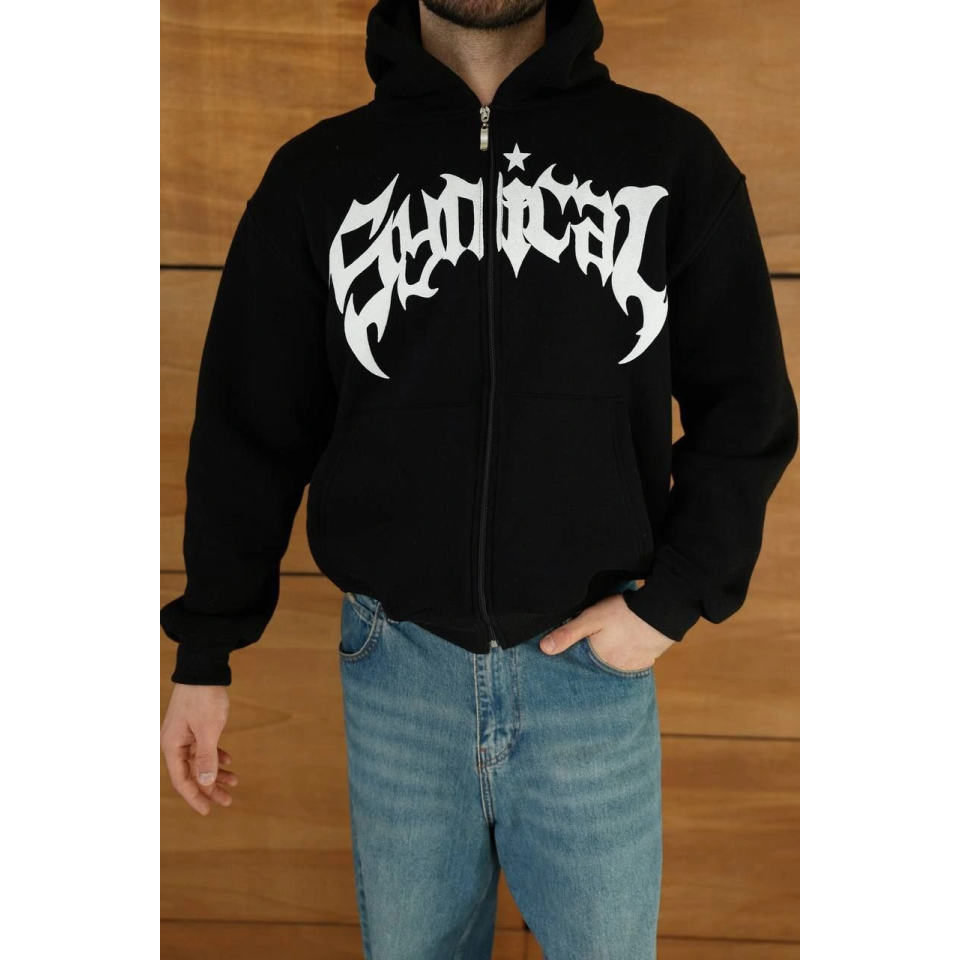 Erkek Kapüşonlu Sweatshirt  Hoodie 3 İplik Şardonlu Pamuklu Kumaş, Önü Baskılı, Fermuarlı Rahat Kalıp, Kışlık Ve Sokak Stili Sweat - Siyah