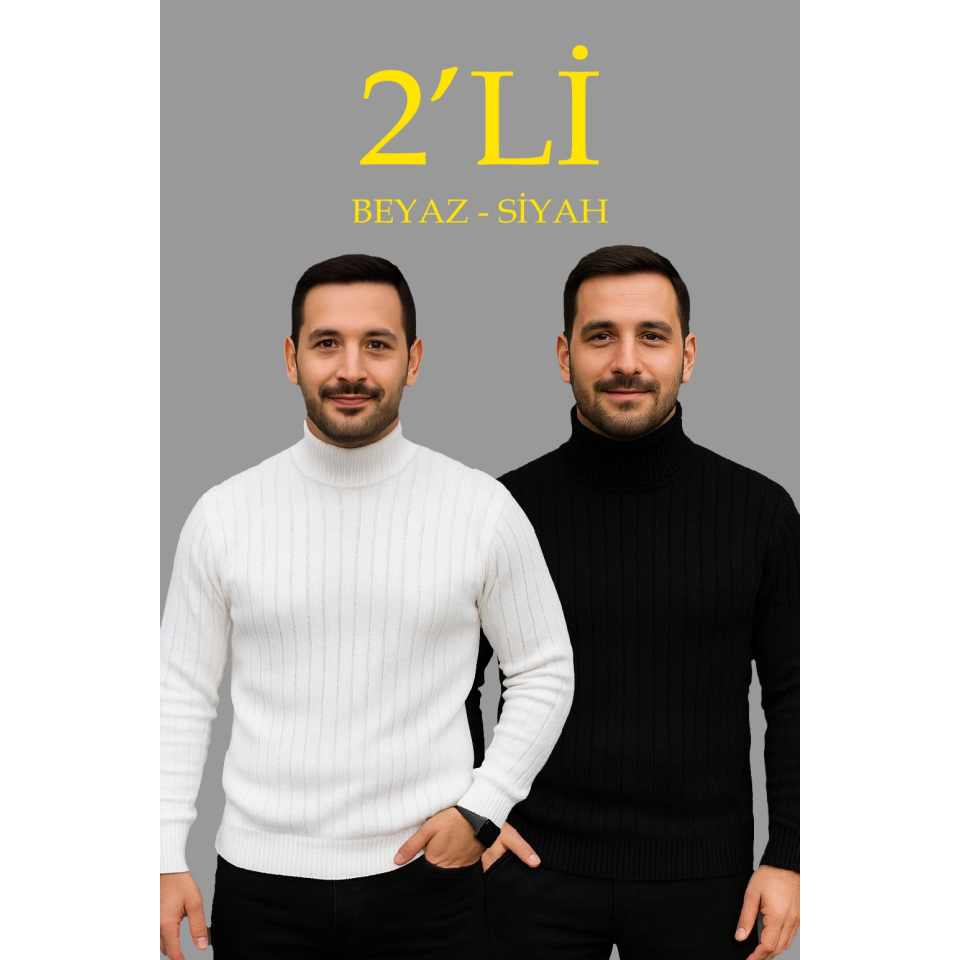 Erkek Fitilli Triko Kazak 2li Set Beyaz Siyah Regular Balıkcı Yaka Tam Boğazlı Triko Seti Modeli Kazak