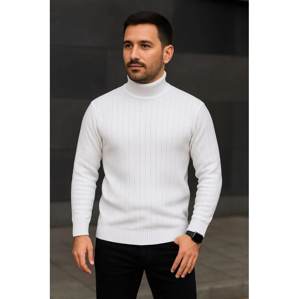 Erkek Fitilli Triko Kazak 2li Set Beyaz Siyah Regular Balıkcı Yaka Tam Boğazlı Triko Seti Modeli Kazak