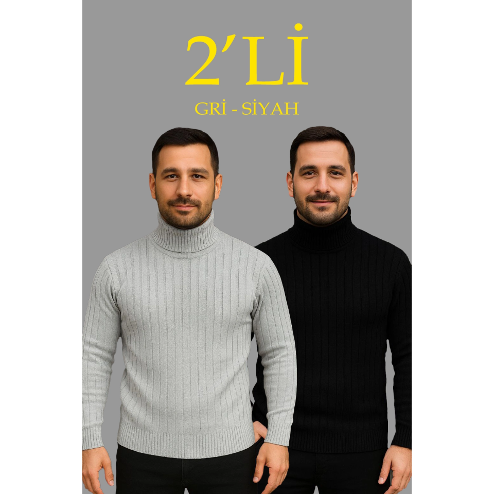 Erkek Fitilli Triko Kazak 2li Set Gri Siyah Regular Balıkcı Yaka Tam Boğazlı Triko Seti Modeli Kazak