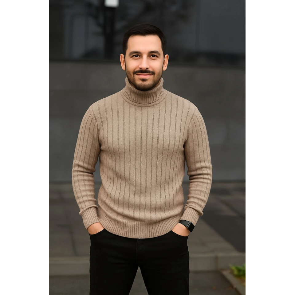Erkek Fitilli Triko Kazak 2li Set Bej Siyah Regular Balıkcı Yaka Tam Boğazlı Triko Seti Modeli Kazak
