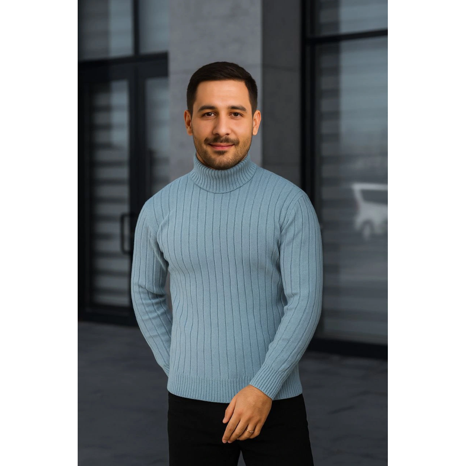 Erkek Fitilli Triko Kazak 2li Set Bebek Mavisi Siyah Regular Balıkcı Yaka Tam Boğazlı Triko Seti Modeli Kazak
