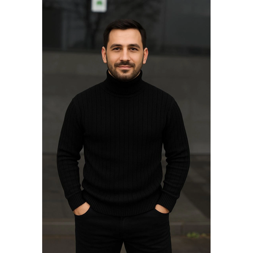 Erkek Fitilli Triko Kazak 2li Set Bebek Mavisi Siyah Regular Balıkcı Yaka Tam Boğazlı Triko Seti Modeli Kazak
