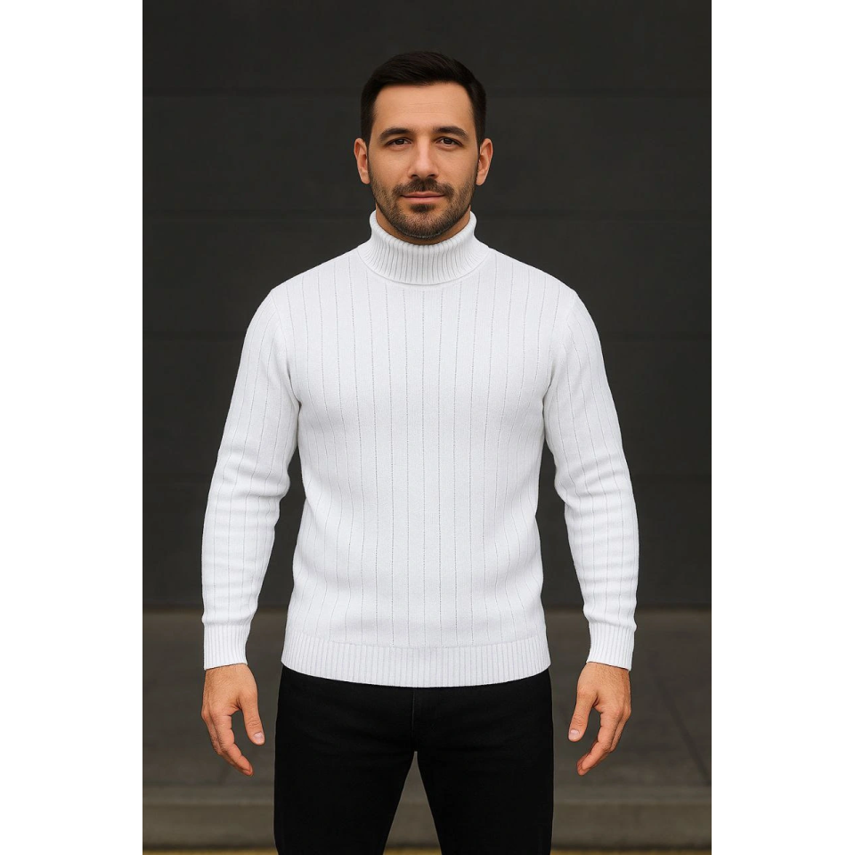 Erkek Fitilli Triko Kazak 3lÜ Set Beyaz Bordo Siyah Regular Balıkcı Yaka Tam Boğazlı Triko Seti Modeli Kazak