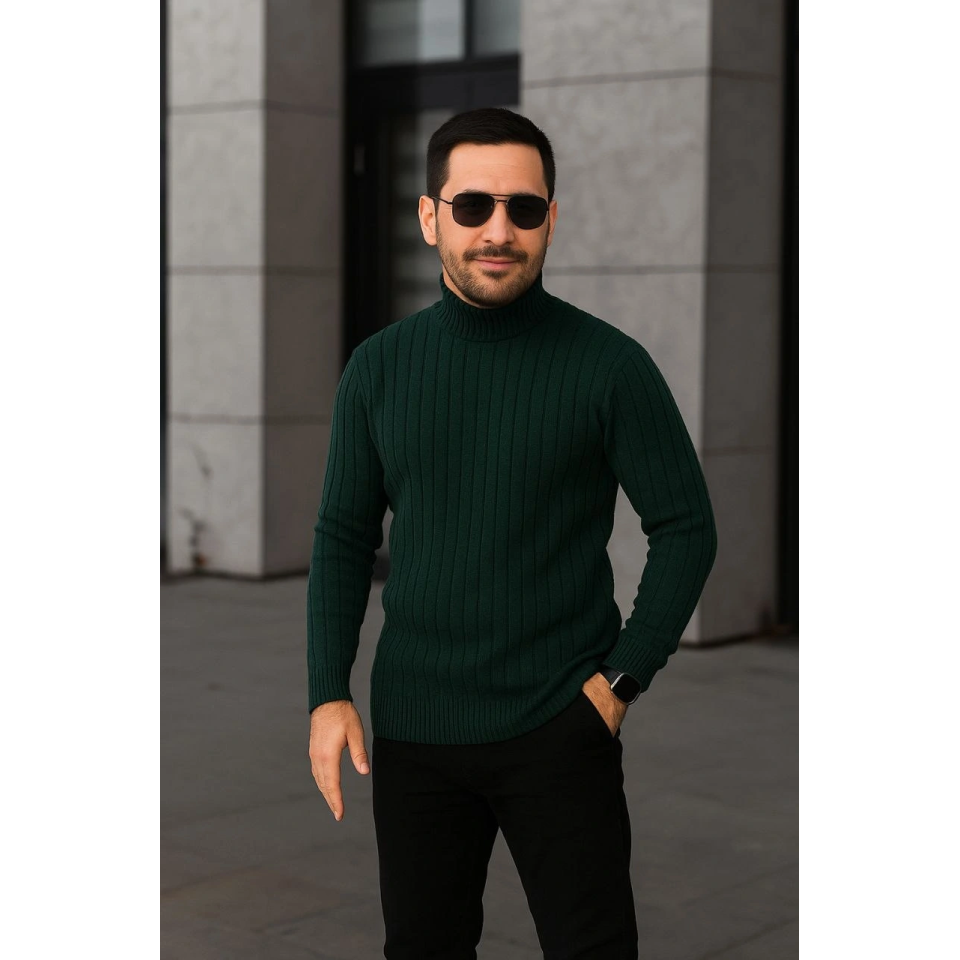 Erkek Fitilli Triko Kazak 3lÜ Set Gri Haki Siyah Regular Balıkcı Yaka Tam Boğazlı Triko Seti Modeli Kazak