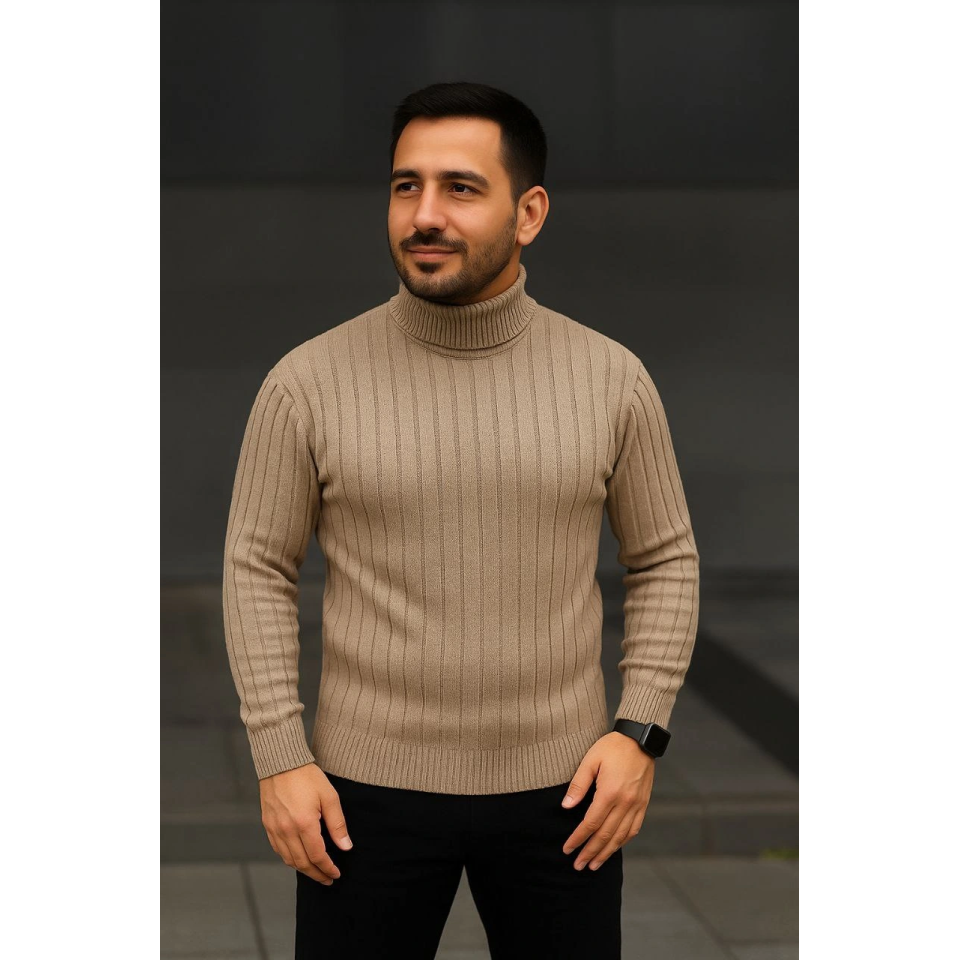 Erkek Fitilli Triko Kazak 3lÜ Set Bej Haki Siyah Regular Balıkcı Yaka Tam Boğazlı Triko Seti Modeli Kazak