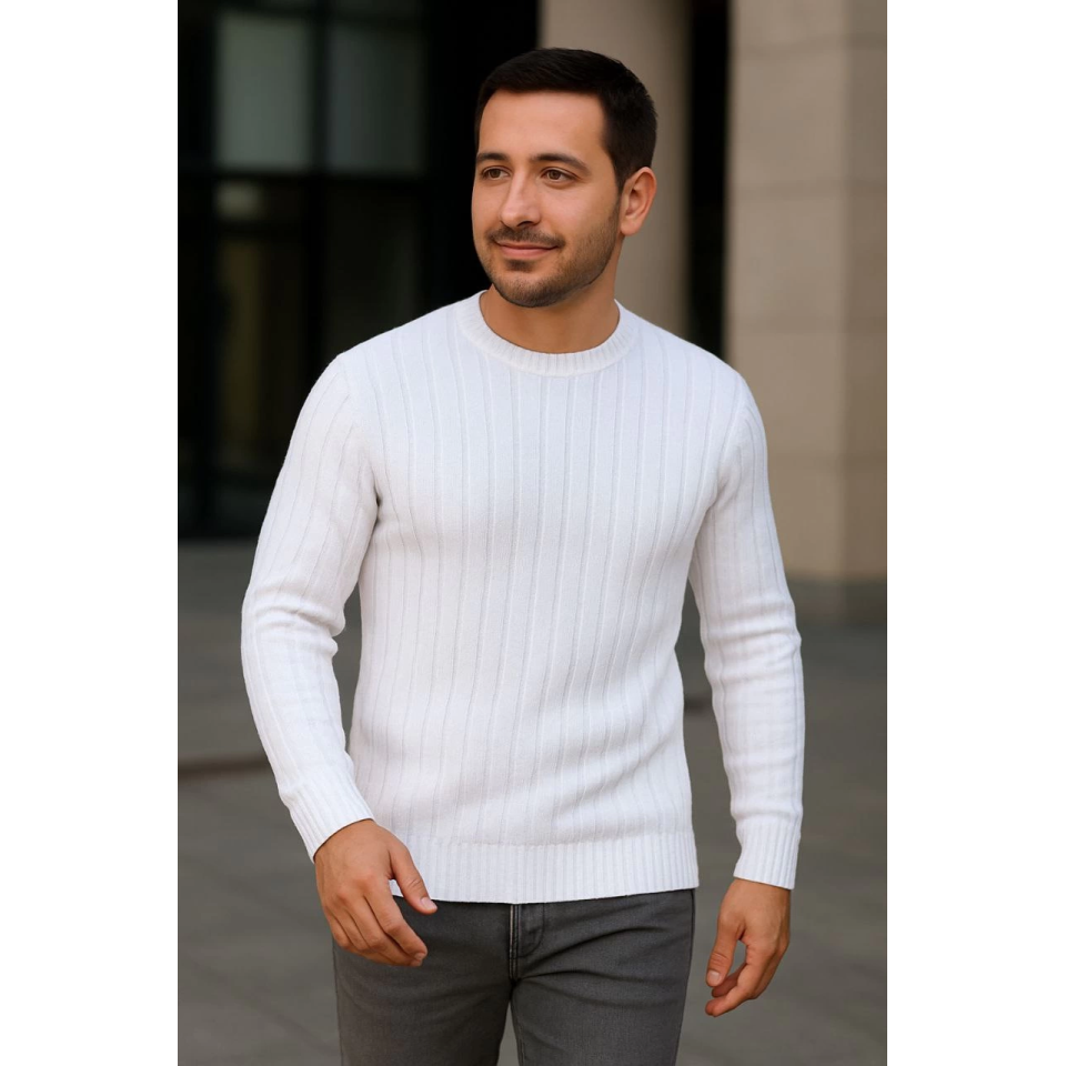 Erkek Fitilli Triko Kazak 4’lü Set Beyaz Bordo Gri Siyah Regular Fit Bisiklet Yaka Kazak Triko Kombini