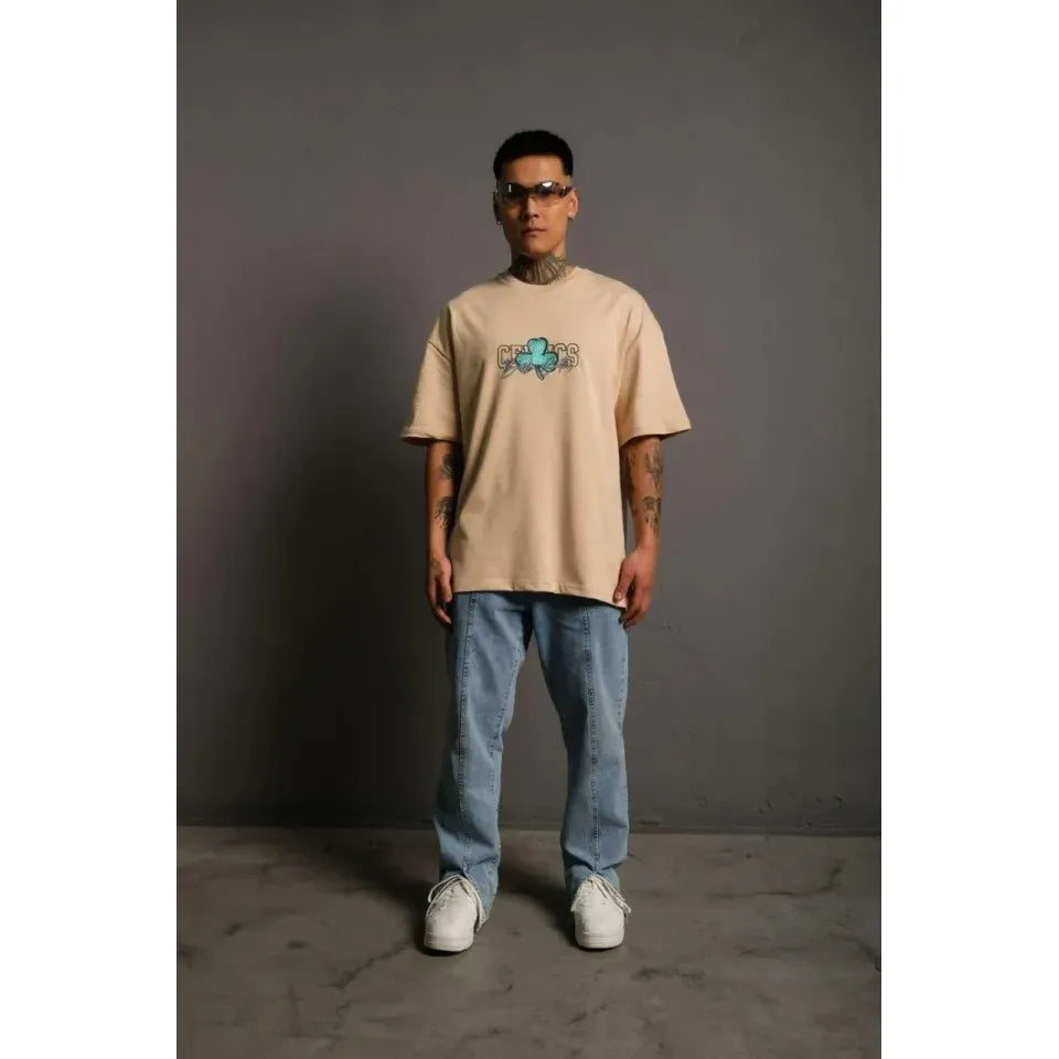 Erkek Sırt Baskılı T-shirt - Bej