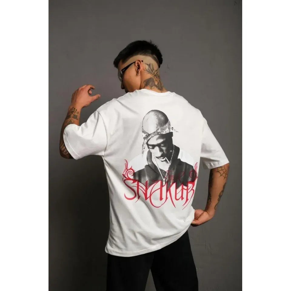 Erkek Oversize Tişört – Beyaz 24/1 Penye Kumaş, Bisiklet Yaka, Ön - Arka Baskılı, Streetwear Tarzı Rahat Büyük Kalıp T-Shirt- Beyaz