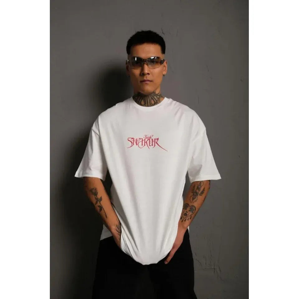 Erkek Oversize Tişört – Beyaz 24/1 Penye Kumaş, Bisiklet Yaka, Ön - Arka Baskılı, Streetwear Tarzı Rahat Büyük Kalıp T-Shirt- Beyaz