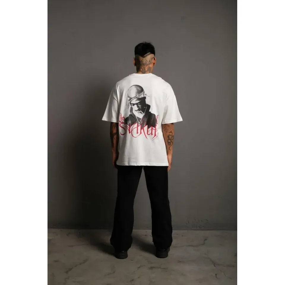 Erkek Oversize Tişört – Beyaz 24/1 Penye Kumaş, Bisiklet Yaka, Ön - Arka Baskılı, Streetwear Tarzı Rahat Büyük Kalıp T-Shirt- Beyaz