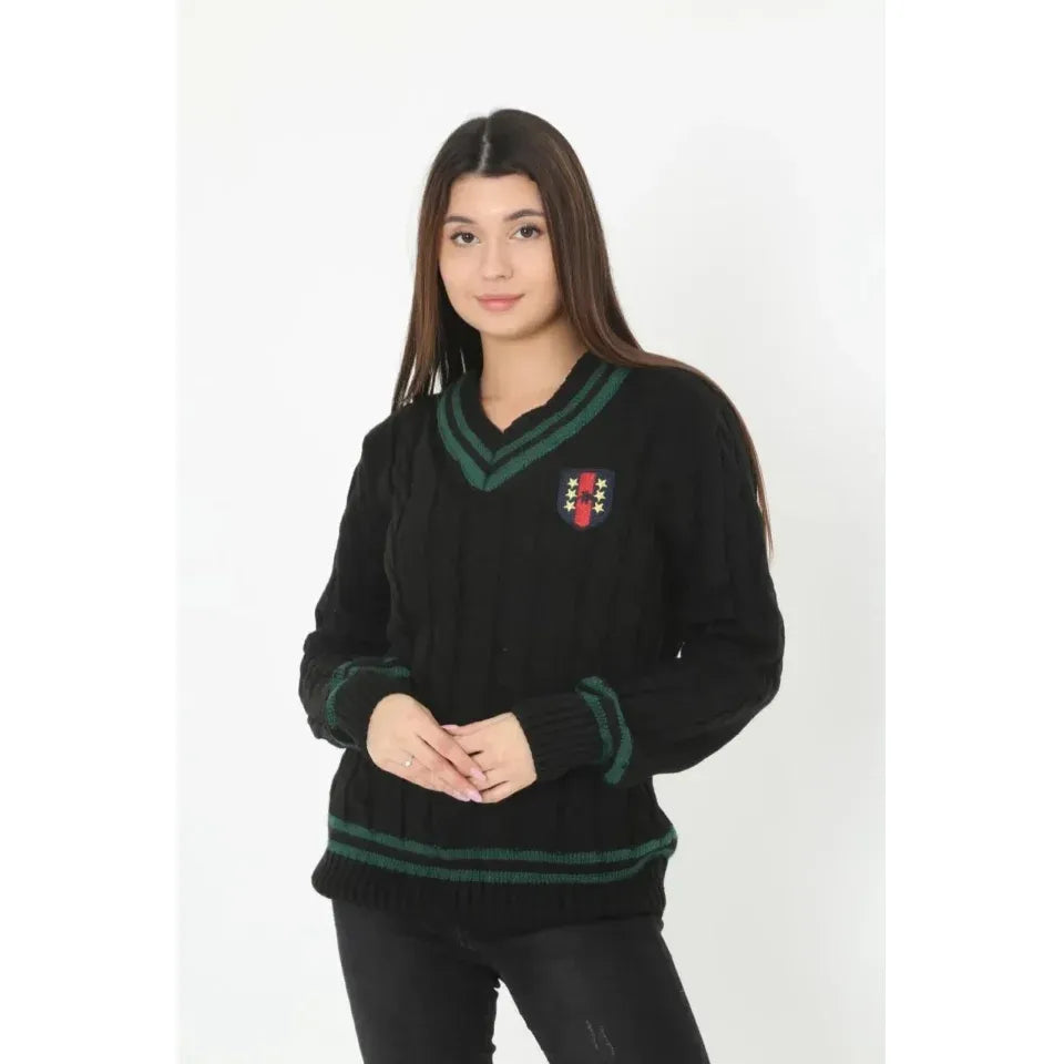 V Yaka Örgülü Kazak - Siyah