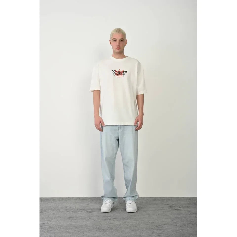 Unisex Bisiklet Yaka Baskılı Oversize T-Shirt - Beyaz