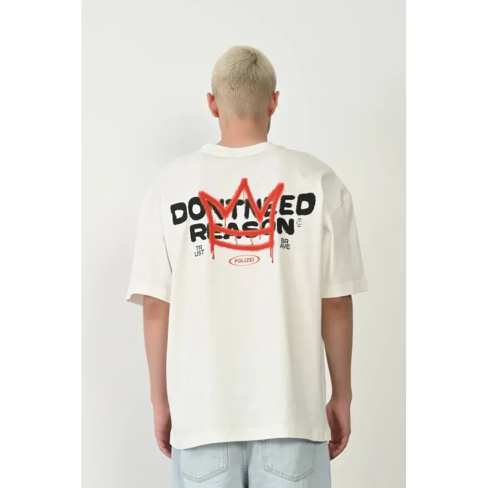 Unisex Bisiklet Yaka Baskılı Oversize T-Shirt - Beyaz