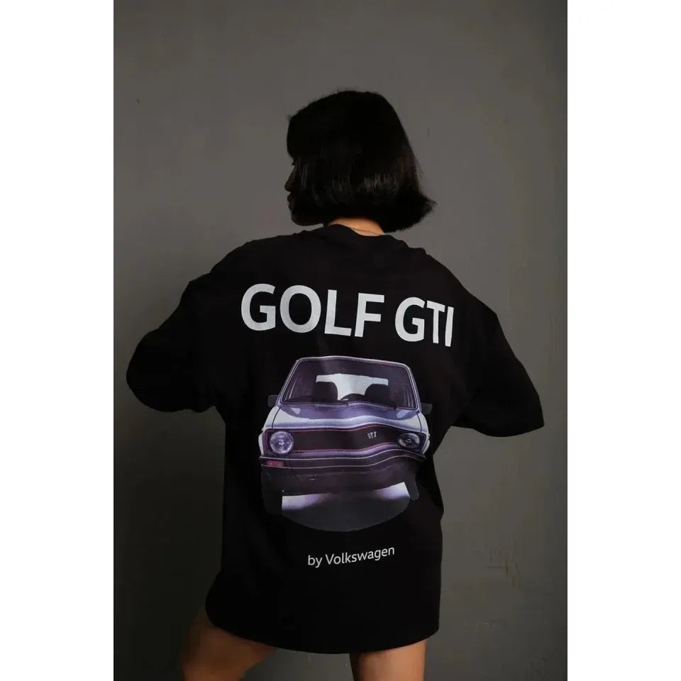 Oversize Baskılı Tişört – Golf GTI Retro Araba Desenli, Ön - Arka Dijital Baskı, Sokak Modası Stil - Siyah