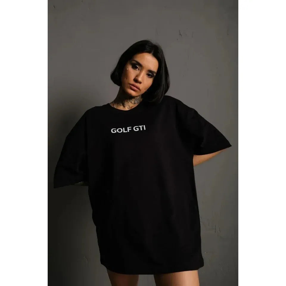 Oversize Baskılı Tişört – Golf GTI Retro Araba Desenli, Ön - Arka Dijital Baskı, Sokak Modası Stil - Siyah