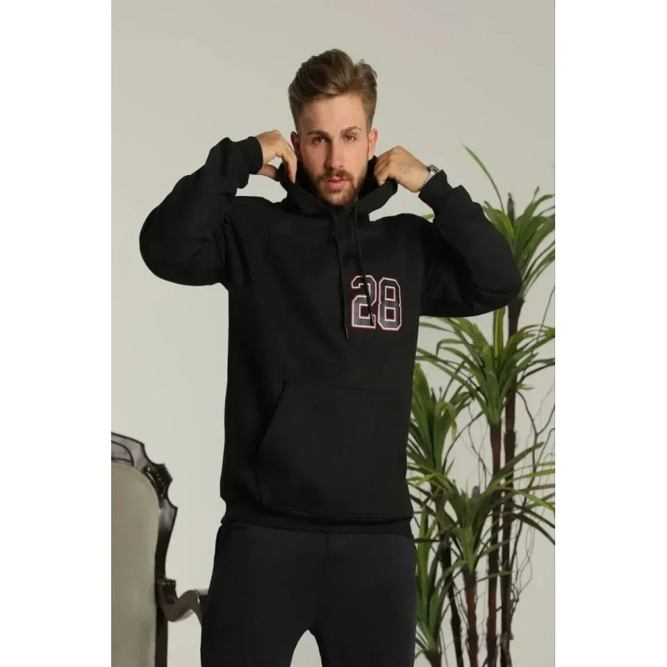 Erkek Oversize Üç İplik Kapüşonlu Sweatshirt –Sırt Ve Ön Baskılı, Kanguru Cepli, Rahat Kalıp Maskot Desenli Model - Siyah