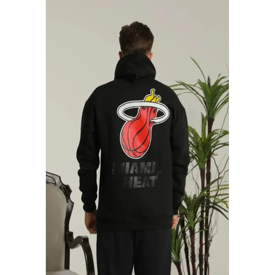 Erkek Oversize Üç İplik Kapüşonlu Sweatshirt –Sırt Ve Ön Baskılı, Kanguru Cepli, Rahat Kalıp Maskot Desenli Model - Siyah