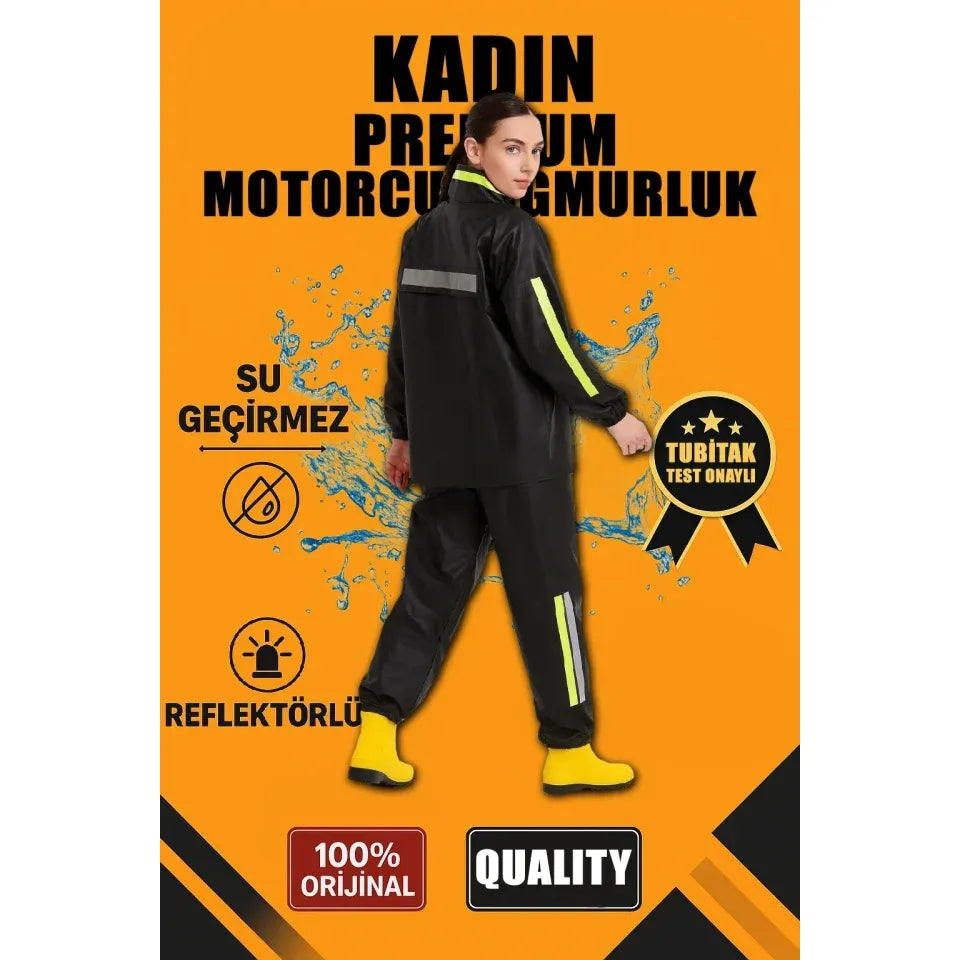 Premium Motorcu Kurye Yağmurluk Takım Su Geçirmez PVC Kumaş Reflektörlü TÜBİTAK Onaylı - Siyah
