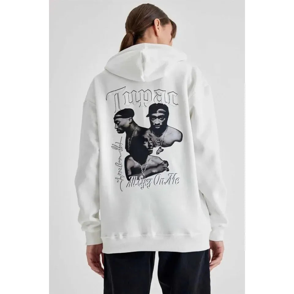 Kapüşonlu Sırt Baskılı Üç İplik Oversize Sweatshirt - Beyaz