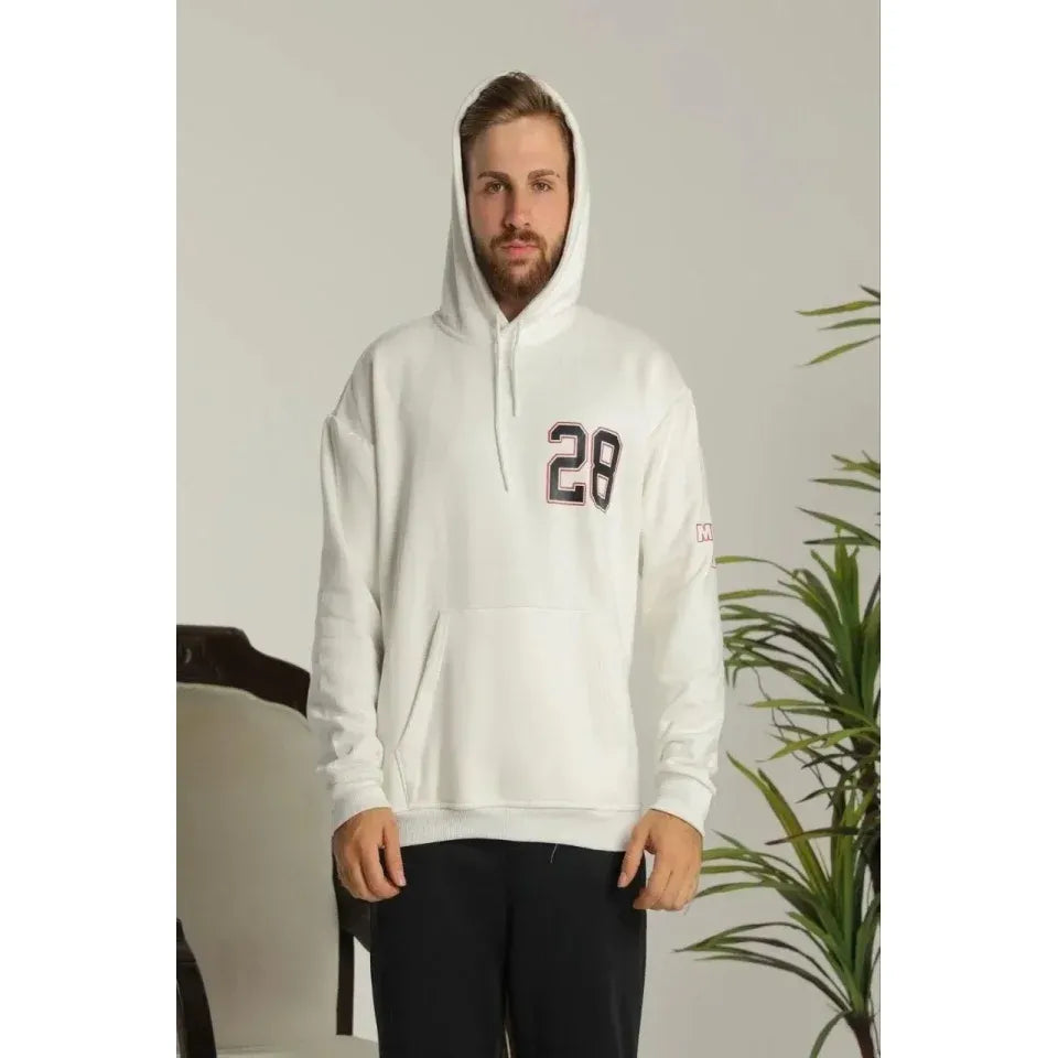 Erkek Sırt Baskılı Oversize Üç İplik Kapüşonlu Sweatshirt - Beyaz