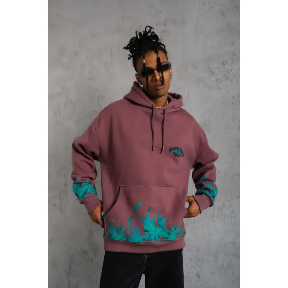 Erkek Üç İplik Içi Pamuklu Alev Baskılı Kapüşonlu Sweatshirt - Gül Kurusu