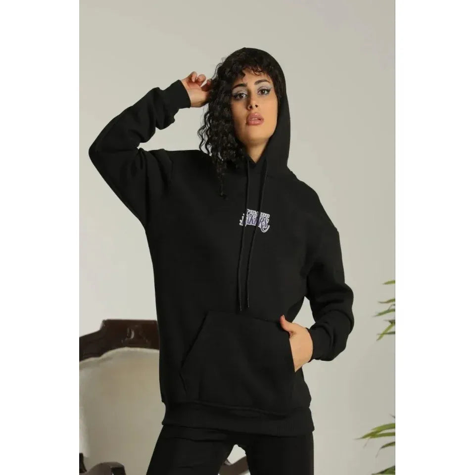Baskılı Oversize Üç İplik Kapüşonlu Sweatshirt - Siyah