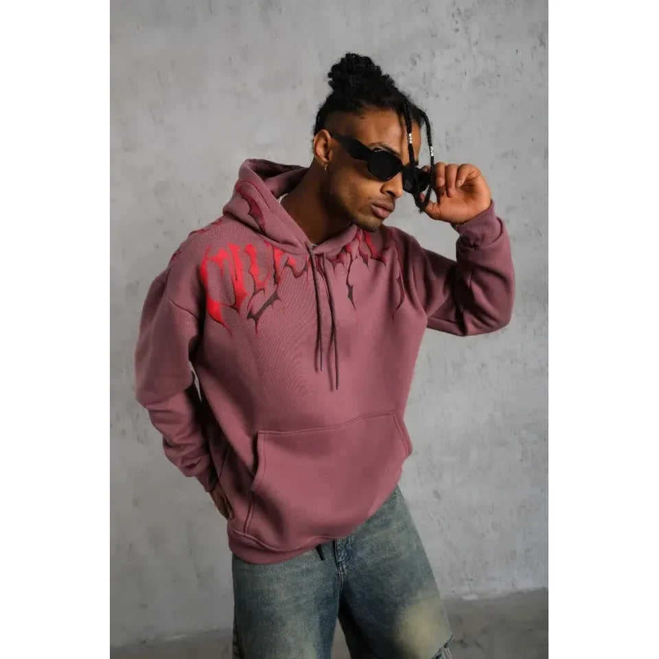 Erkek Ön Ve Arka Baskılı Kapüşonlu 3 İplik Sweatshirt - Gül Kurusu