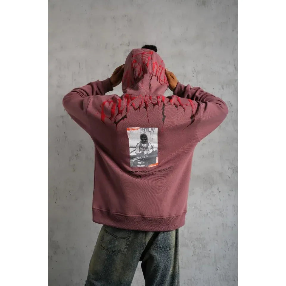 Erkek Ön Ve Arka Baskılı Kapüşonlu 3 İplik Sweatshirt - Gül Kurusu