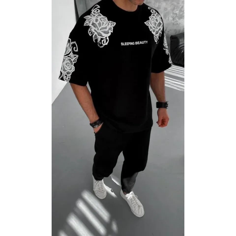 Unisex Flok Kabartma Baskılı T-Shirt - Siyah