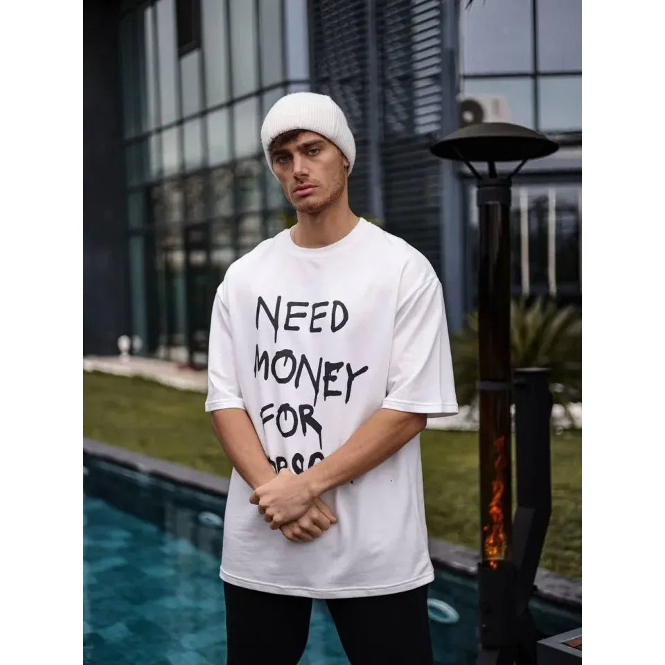 Unisex Bisiklet Yaka Baskılı Oversize T-Shirt - Beyaz