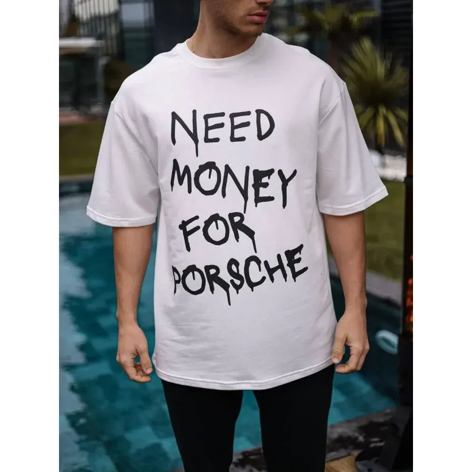 Unisex Bisiklet Yaka Baskılı Oversize T-Shirt - Beyaz