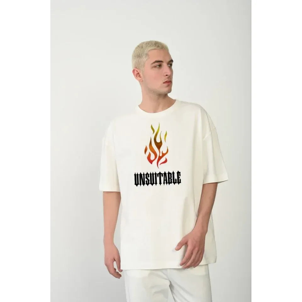 Unisex Bisiklet Yaka Baskılı Oversize T-Shirt - Beyaz