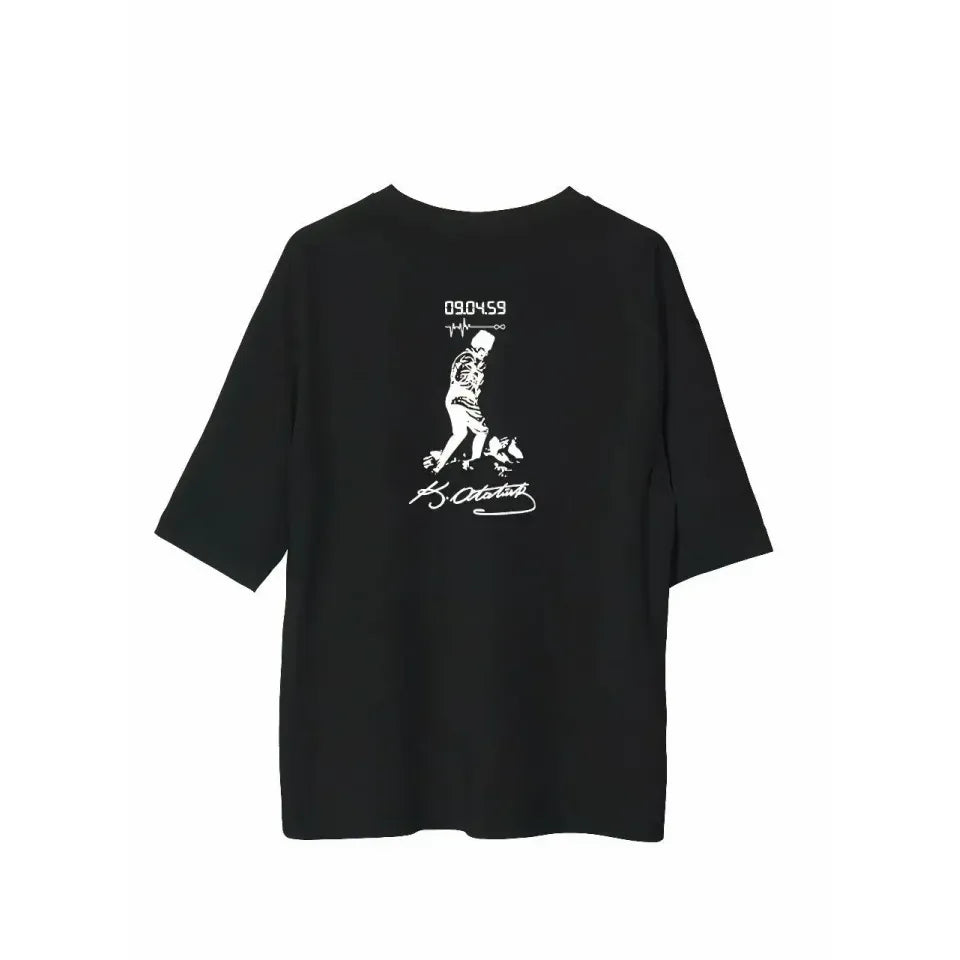 Unisex Bisiklet Yaka Baskılı Oversize T-Shirt - Siyah