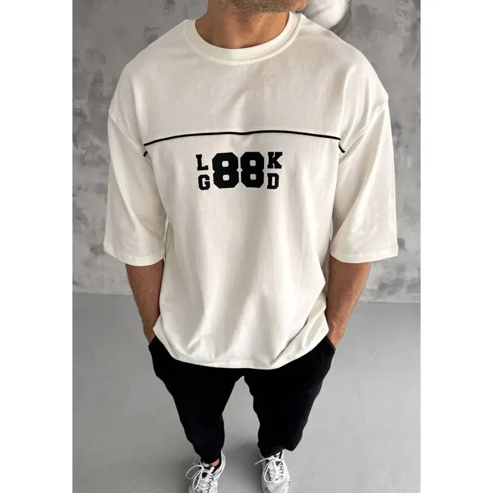 Unisex Bisiklet Yaka Baskılı Oversize T-Shirt - Beyaz
