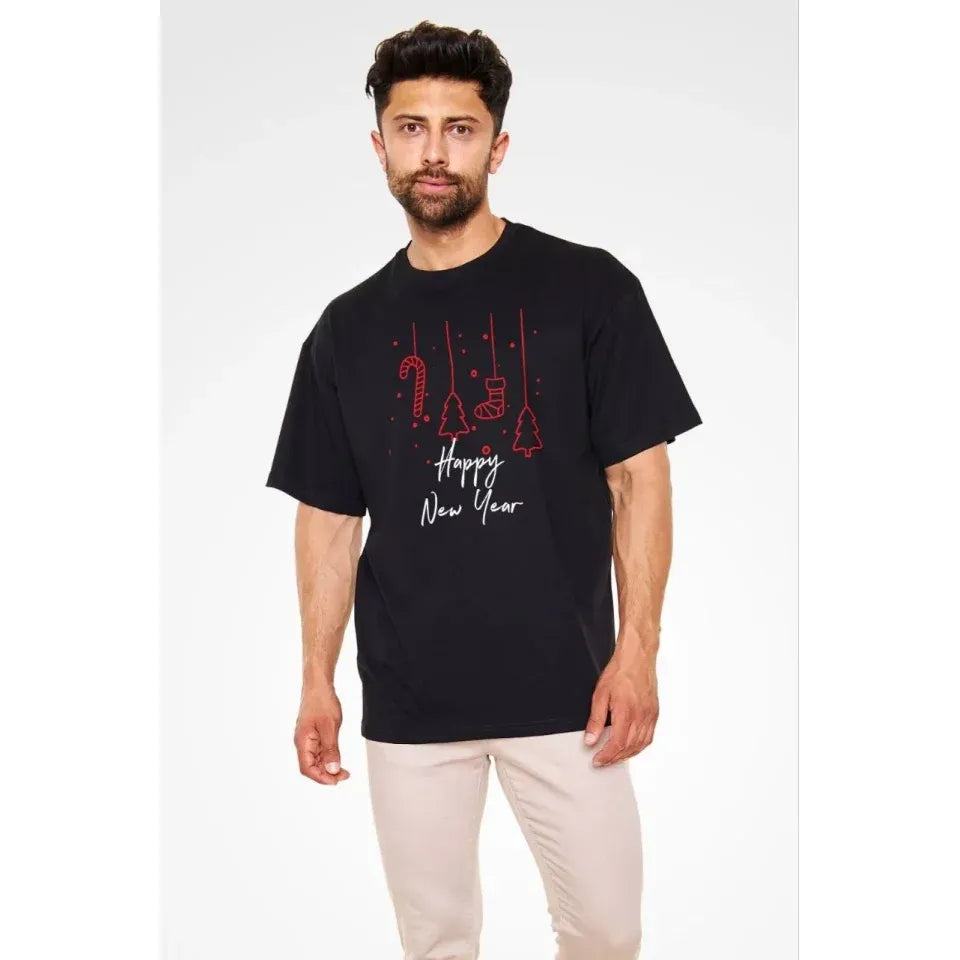 Unisex Bisiklet Yaka Baskılı Oversize T-Shirt - Siyah