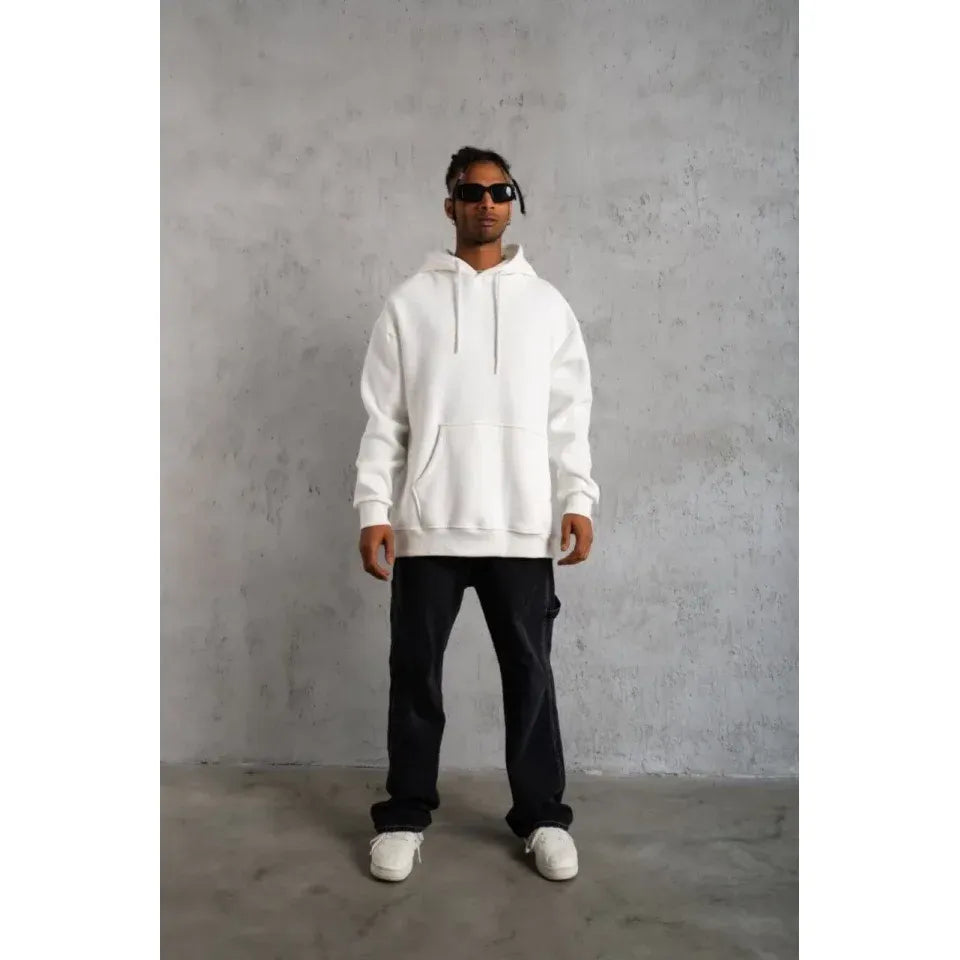 3 İplik Kapşonlu Sweatshirt Hoodie - Beyaz